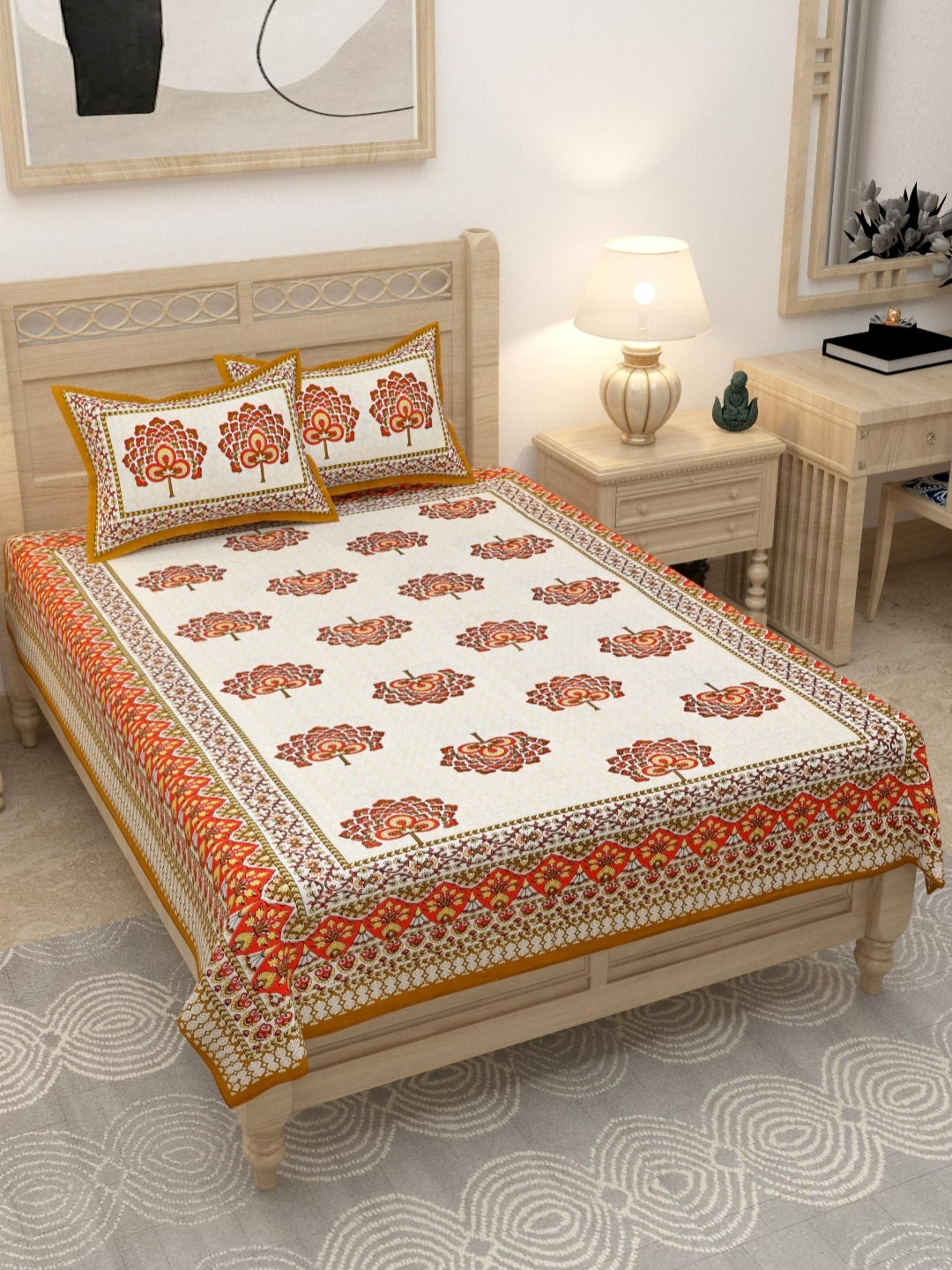 Lali Prints Orange Floral Cotton 180 TC Double Fine Bedsheet with 2 Pillow Covers-60 x 90 inches
