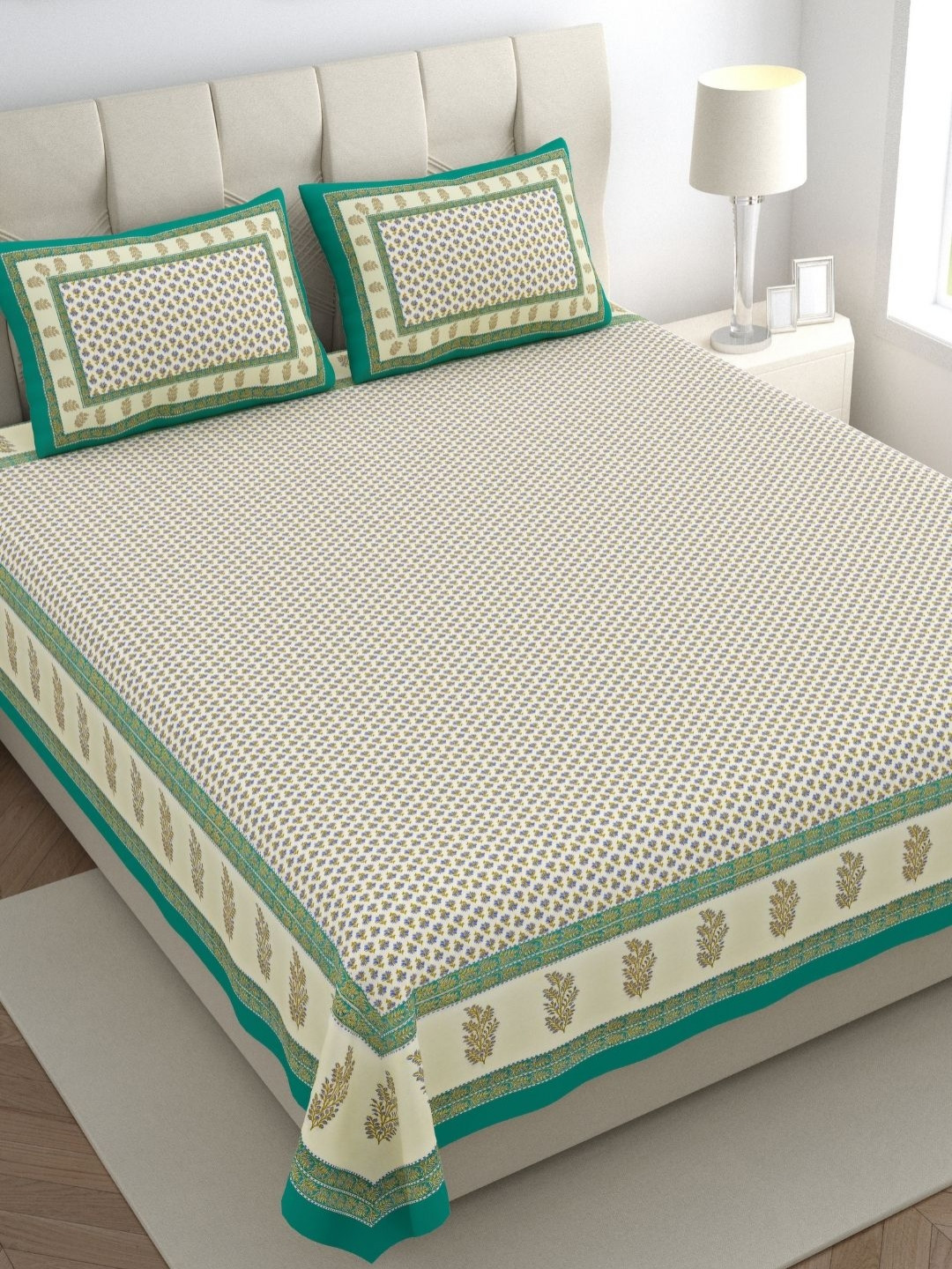 The Craft Monk Green Floral Cotton 210 TC King Superfine Bedsheet with 2 Pillow Covers-115 x 100 inches