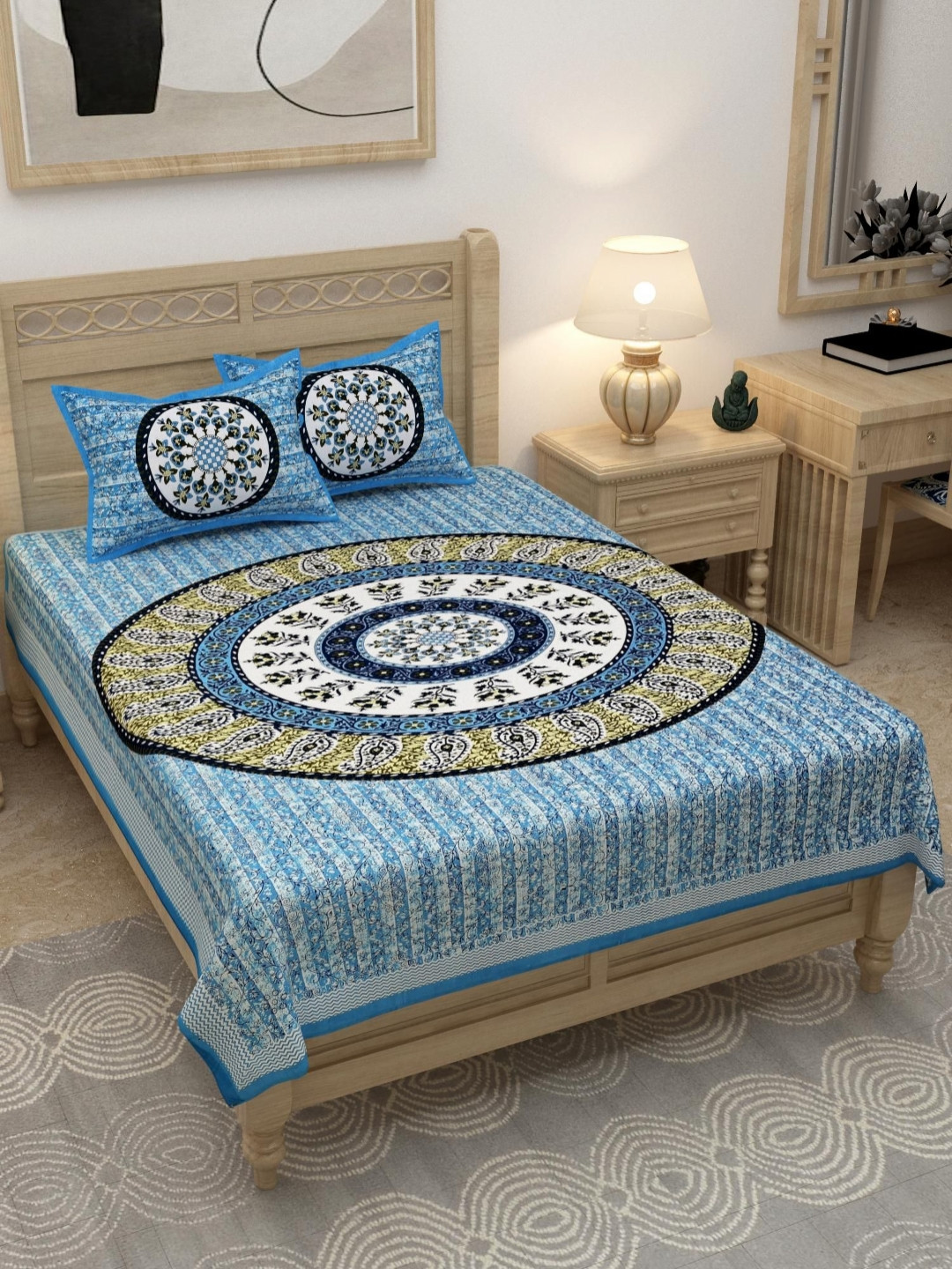 Lali Prints Blue Ethnic Motifs Cotton 180 TC Double Fine Bedsheet with 2 Pillow Covers-60 x 90 inches
