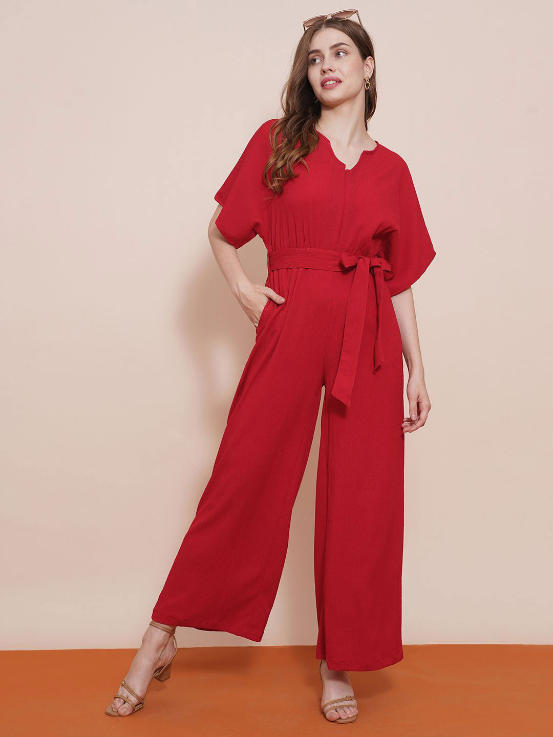 Globus Round Neck With V Cut Kimono Sleeves Waist Tie-Up Longline Jumpsuit