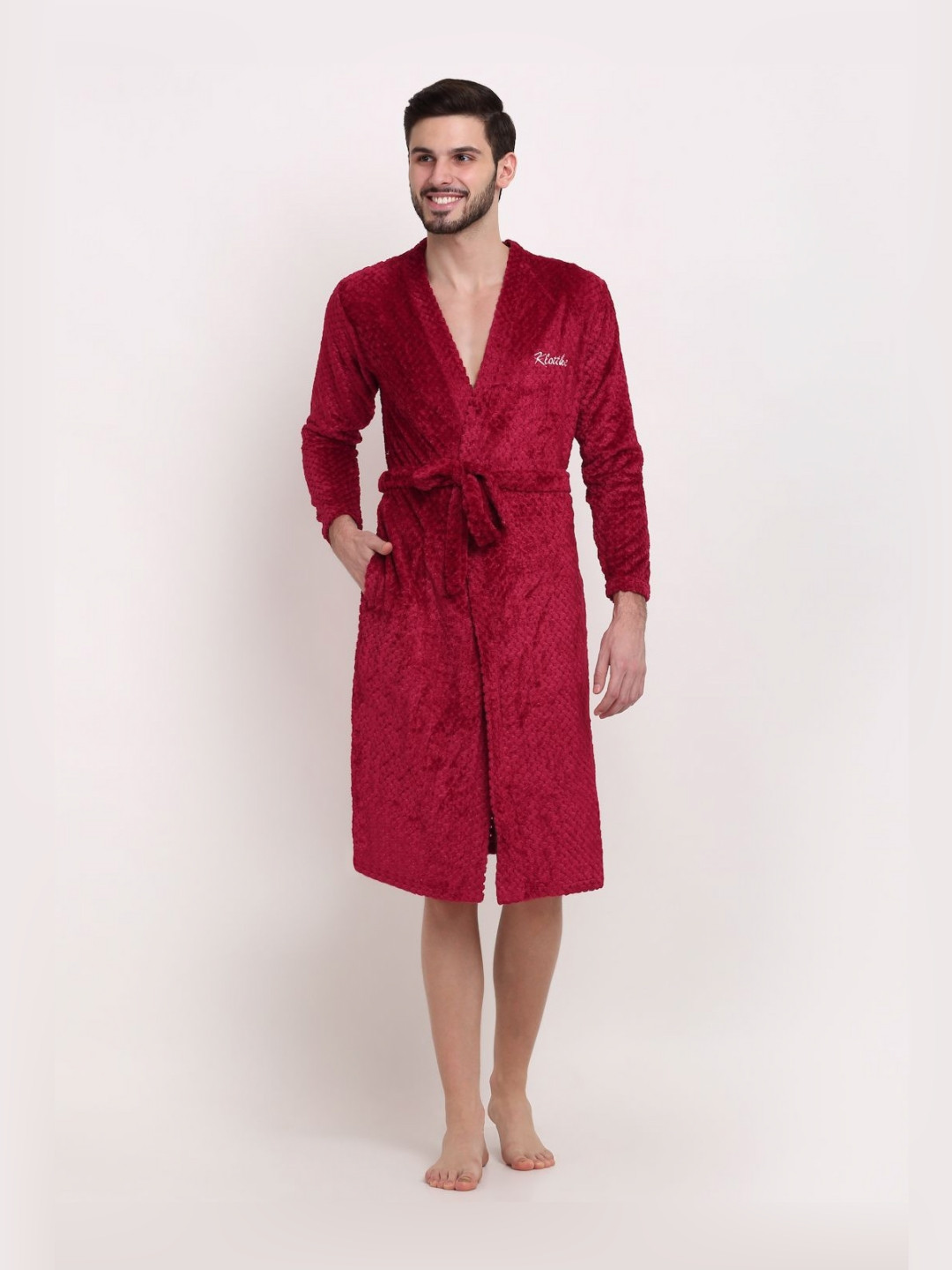 KLOTTHE Red Self Design Wool Drawstring Knee Length Bath Robe-S