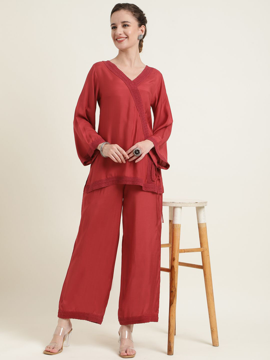ZARI Flared Sleeves Lace Wrap Top With Trouser