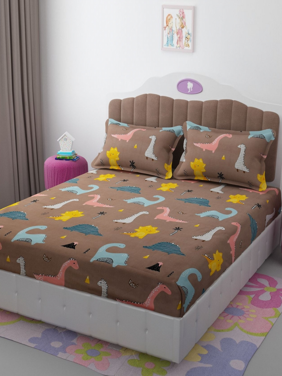 AaHo Decor Brown Cartoon Characters Polyester 300 TC Fitted King Fine Bedsheet with 2 Pillow Covers-78 x 72 inches