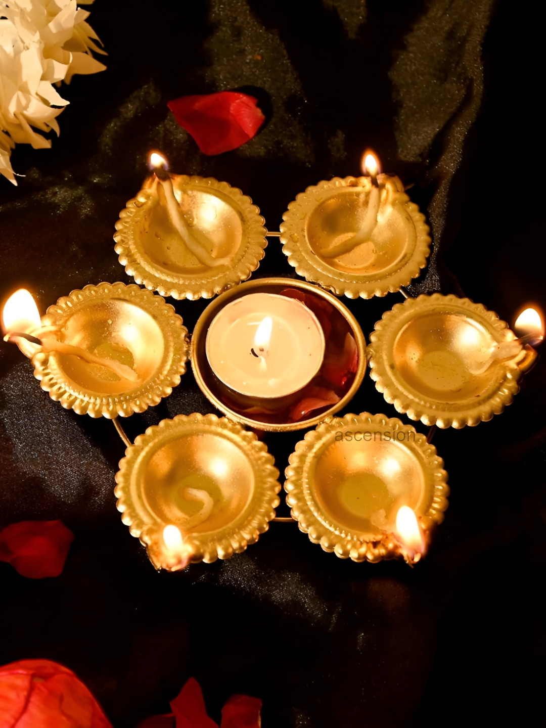 Ascension Gold Toned  Metal Decorative Urli Bowl With Attached Diyas