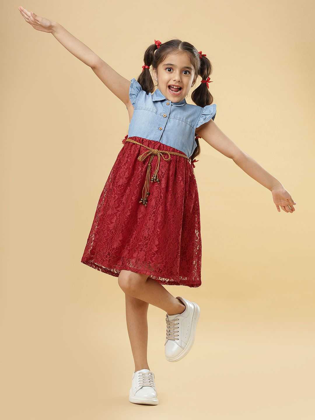TeenTrums Girls Denim Fit And Flared Dress with Belt