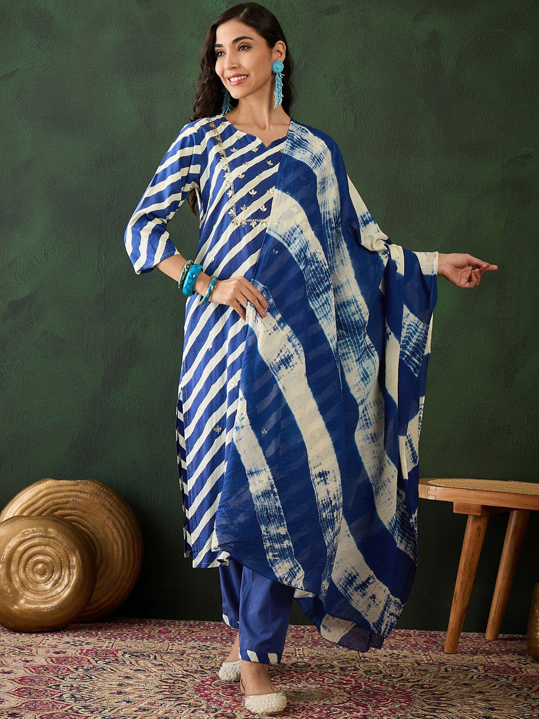 Sangria Navy Blue Striped Embroidered Sequenned Pure Cotton Kurta With Trouser & Dupatta