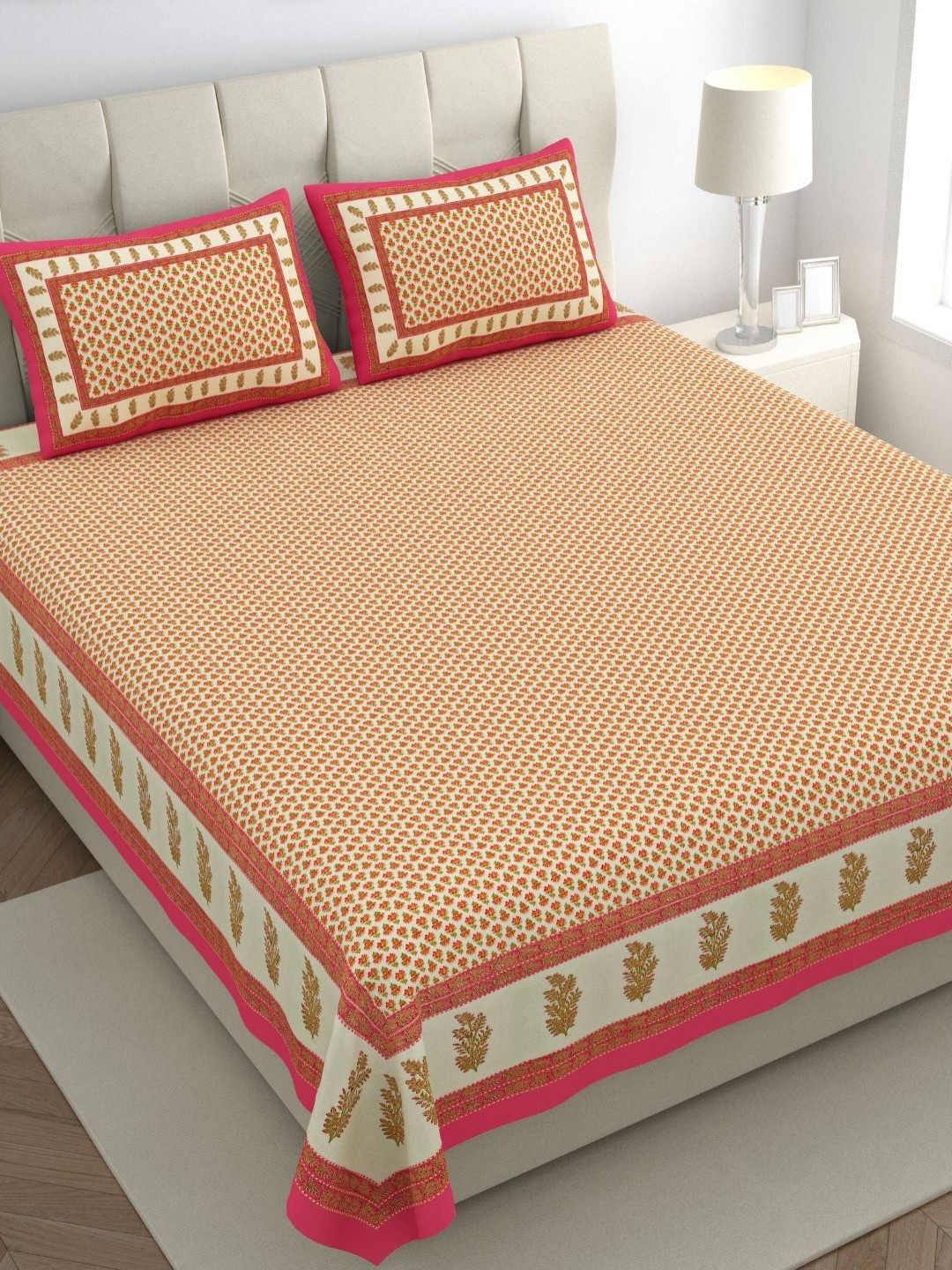 The Craft Monk Pink Floral Cotton 300 TC King Superfine Bedsheet with 2 Pillow Covers-292 x 254 cm