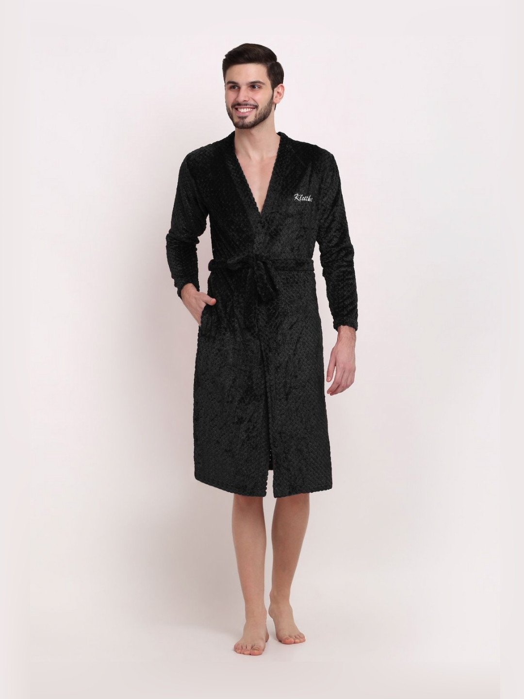 KLOTTHE Black Self Design Wool Drawstring Knee Length Bath Robe-S