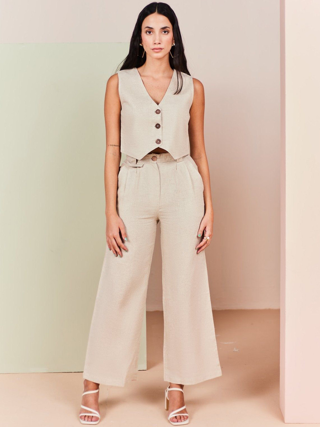 Sage by Mala Lapel Collar Linen Blazer and Waistcoat With Skirt