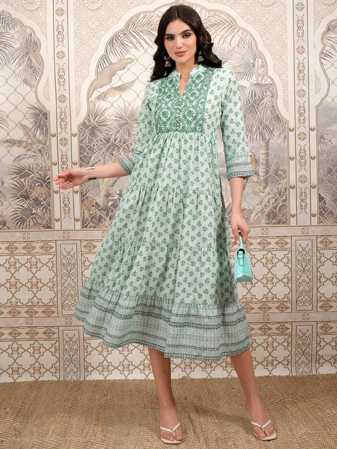 Vishudh Women Floral Printed Midi Mandarin Collar Dress