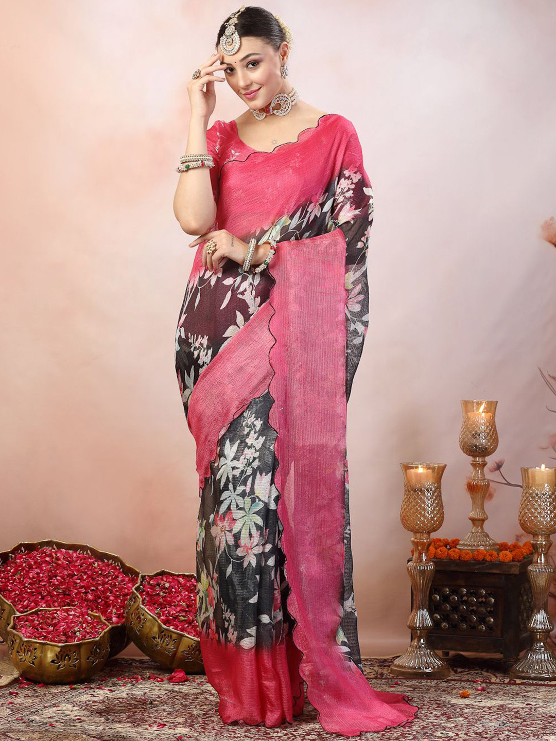 Stylum Women Floral Embroidered Supernet Saree