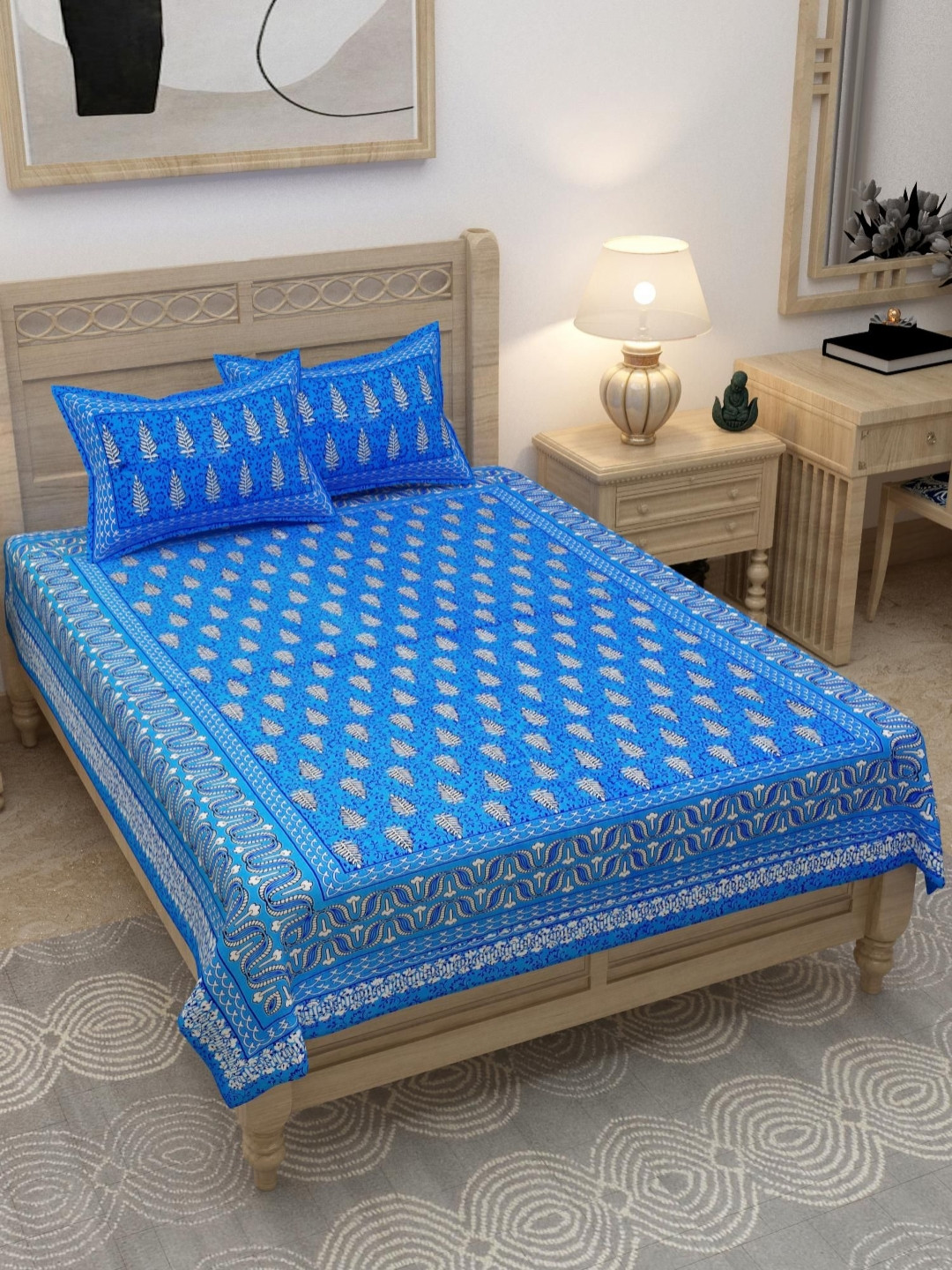 Lali Prints Blue Ethnic Motifs Cotton 180 TC Double Fine Bedsheet with 2 Pillow Covers-60 x 90 inches