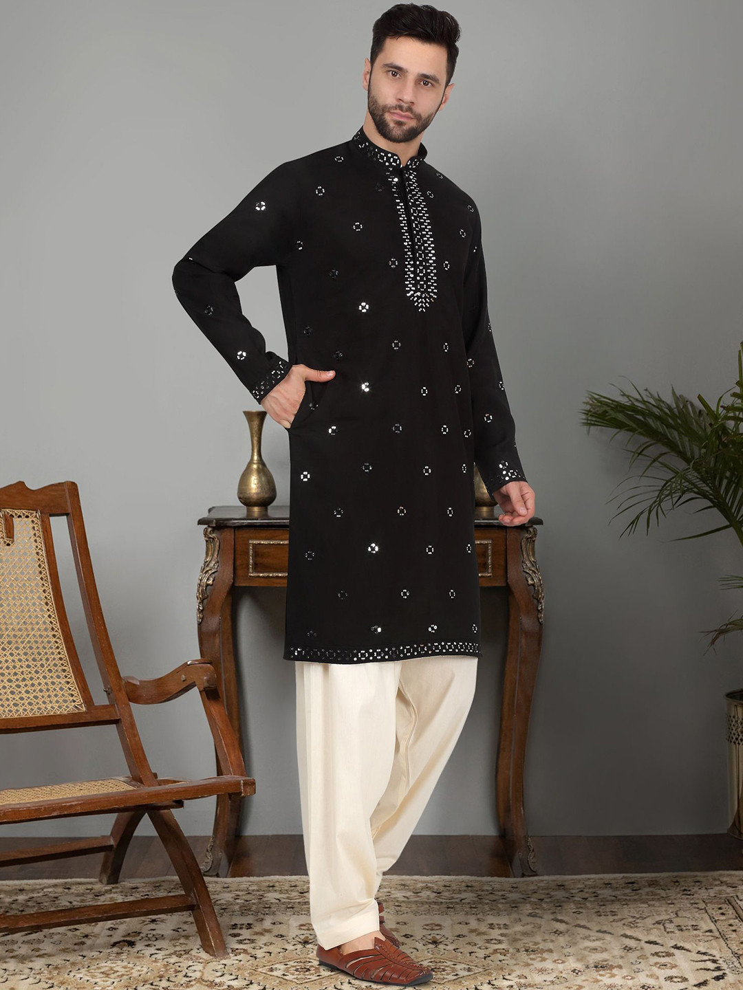KRAFT INDIA LUXE Ethnic Motifs Embroidered Mirror Work Cotton Silk Kurta With Salwar