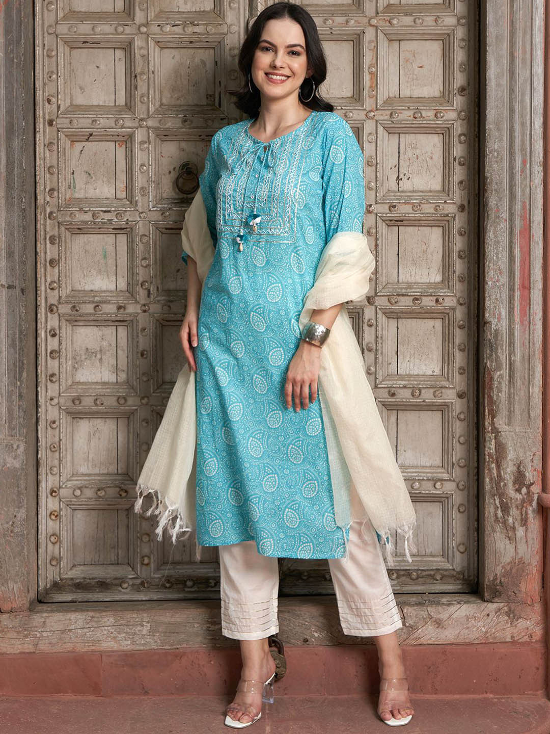 BANDIA Bandhani Printed Tie Up Neck Mirror Work Pure Cotton Kurta with Trousers & Dupatta