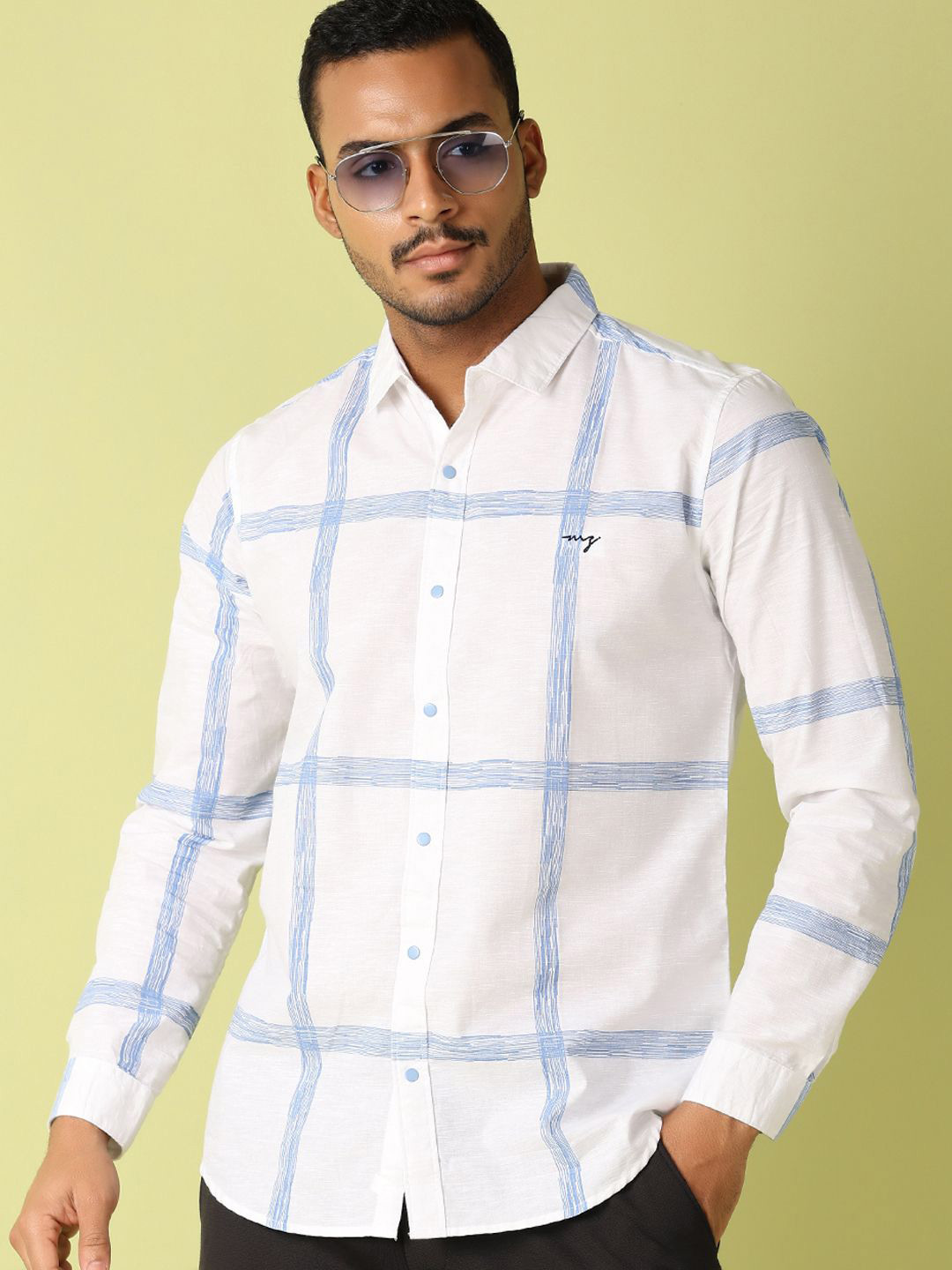 V-Mart Men Classic Spread Collar Windowpane Checks Printed Cotton Slim Fit Casual Shirt