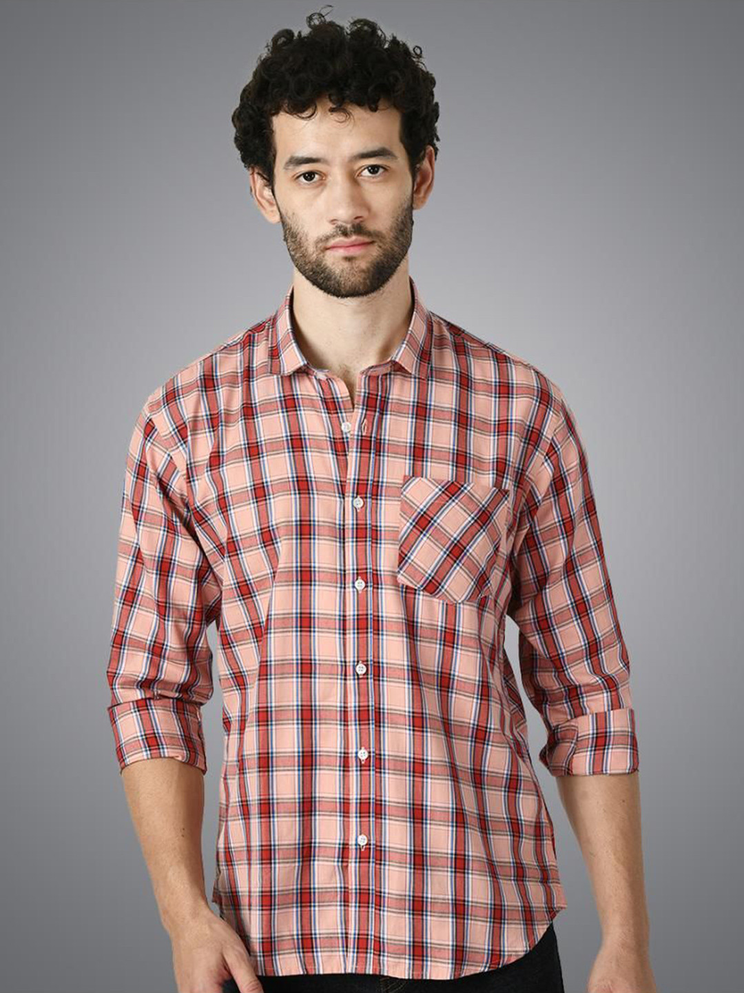 PEBCO Men Classic Spread Collar Tartan Checked Cotton Slim Fit Casual Shirt