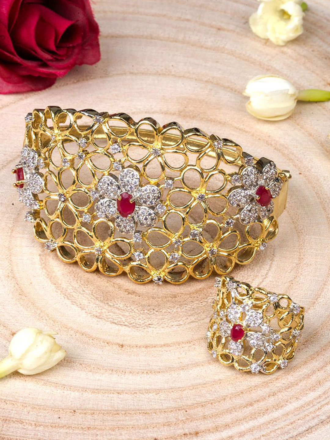 Mirraw Gold-Plated American Diamond Studded Petal Flower Bracelet and Ring