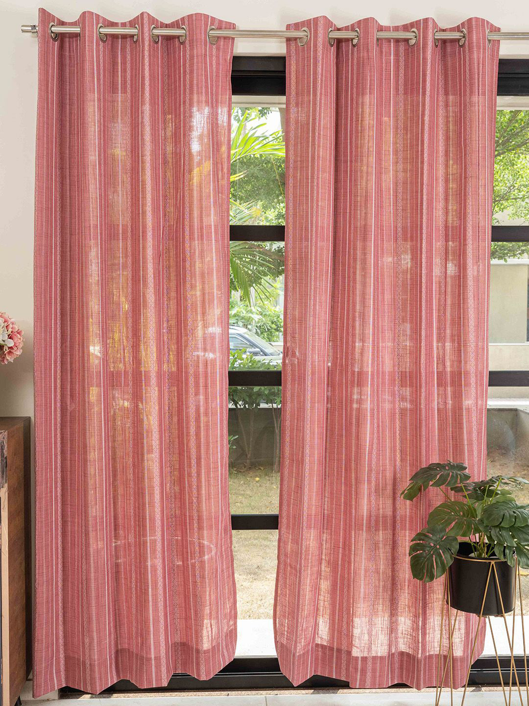 URBAN SPACE Pink & White 2 Pieces Striped Sheer Long Door Curtain