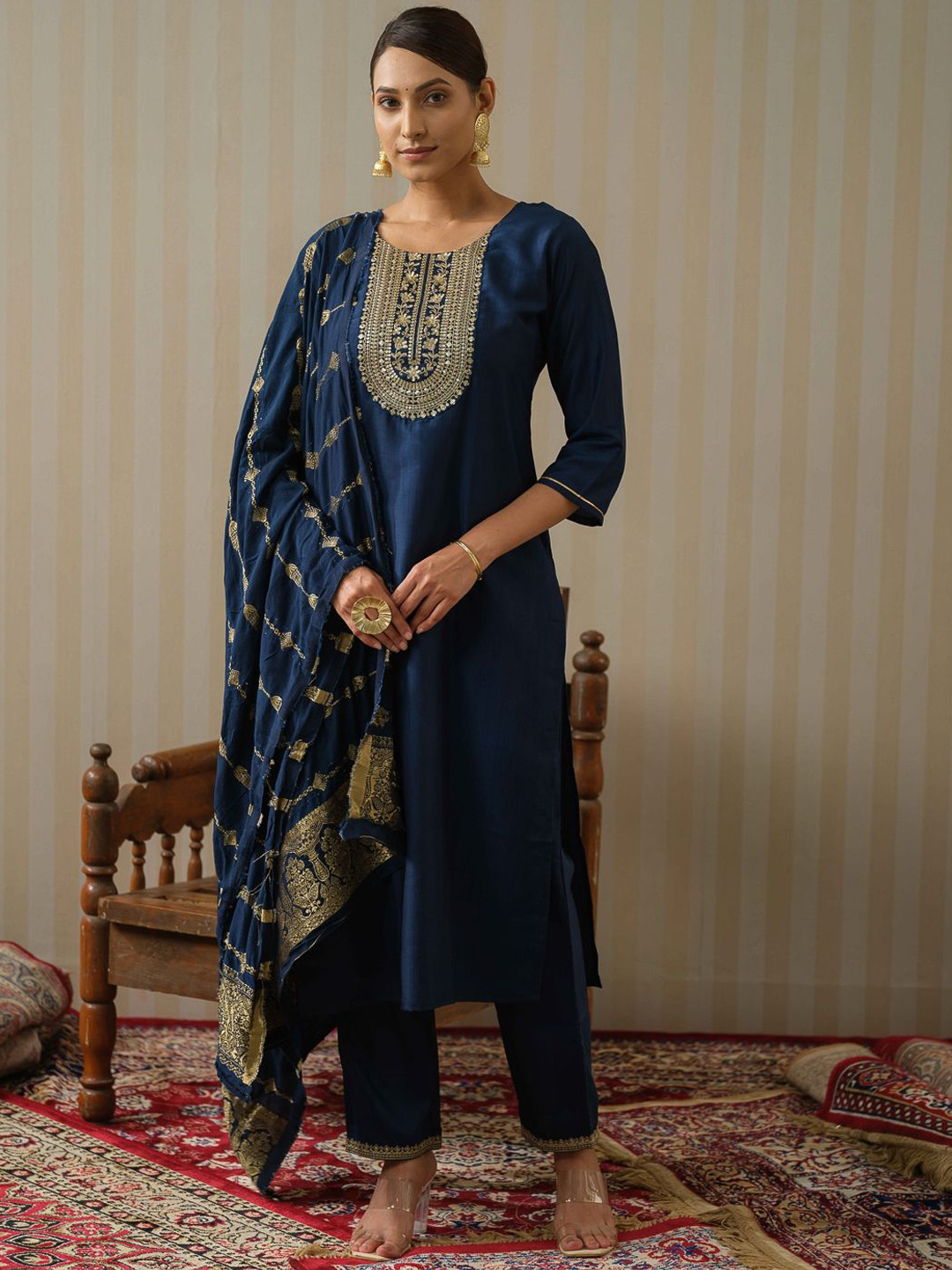 Ode by House of Pataudi Floral Yoke Design Silk Straight Kurta & Trousers With Dupatta