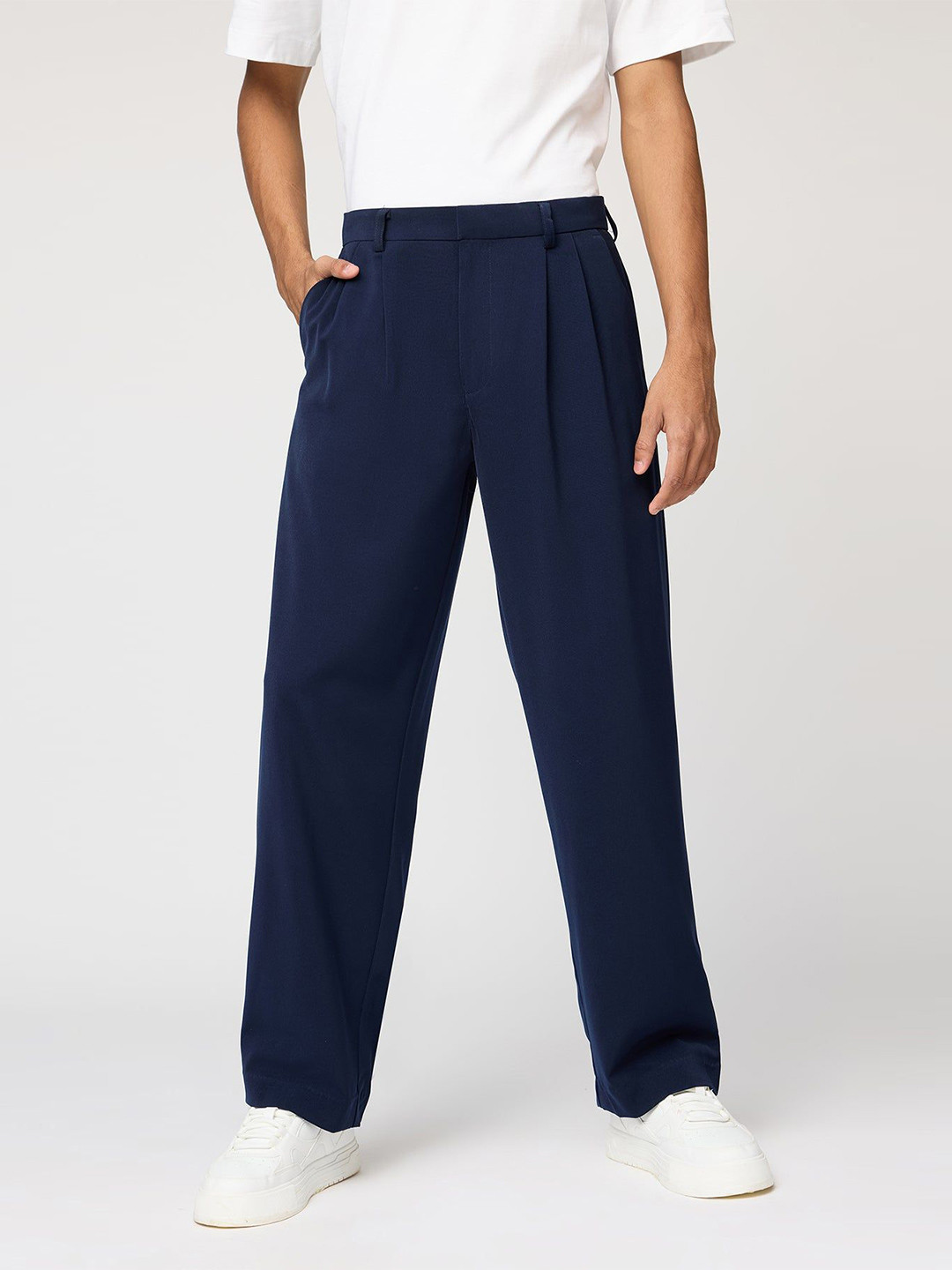 FREAKINS Twilight Blue Men High-Rise Pleated Korean Pants Trousers