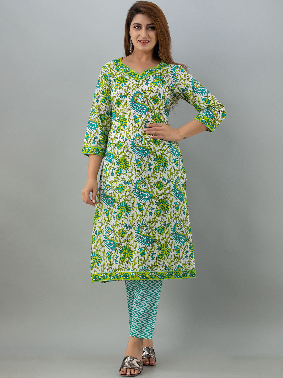 His&Her Floral Printed Thread Work Pure Cotton Kurta with Trousers & Dupatta