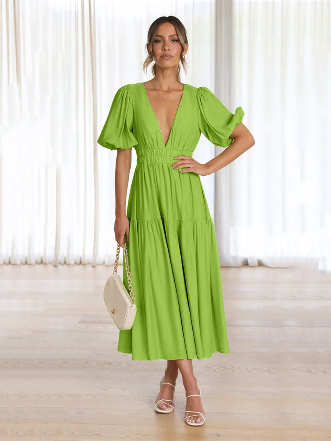 MIAKEE Women Fit and Flare Midi Short Sleeves Dress