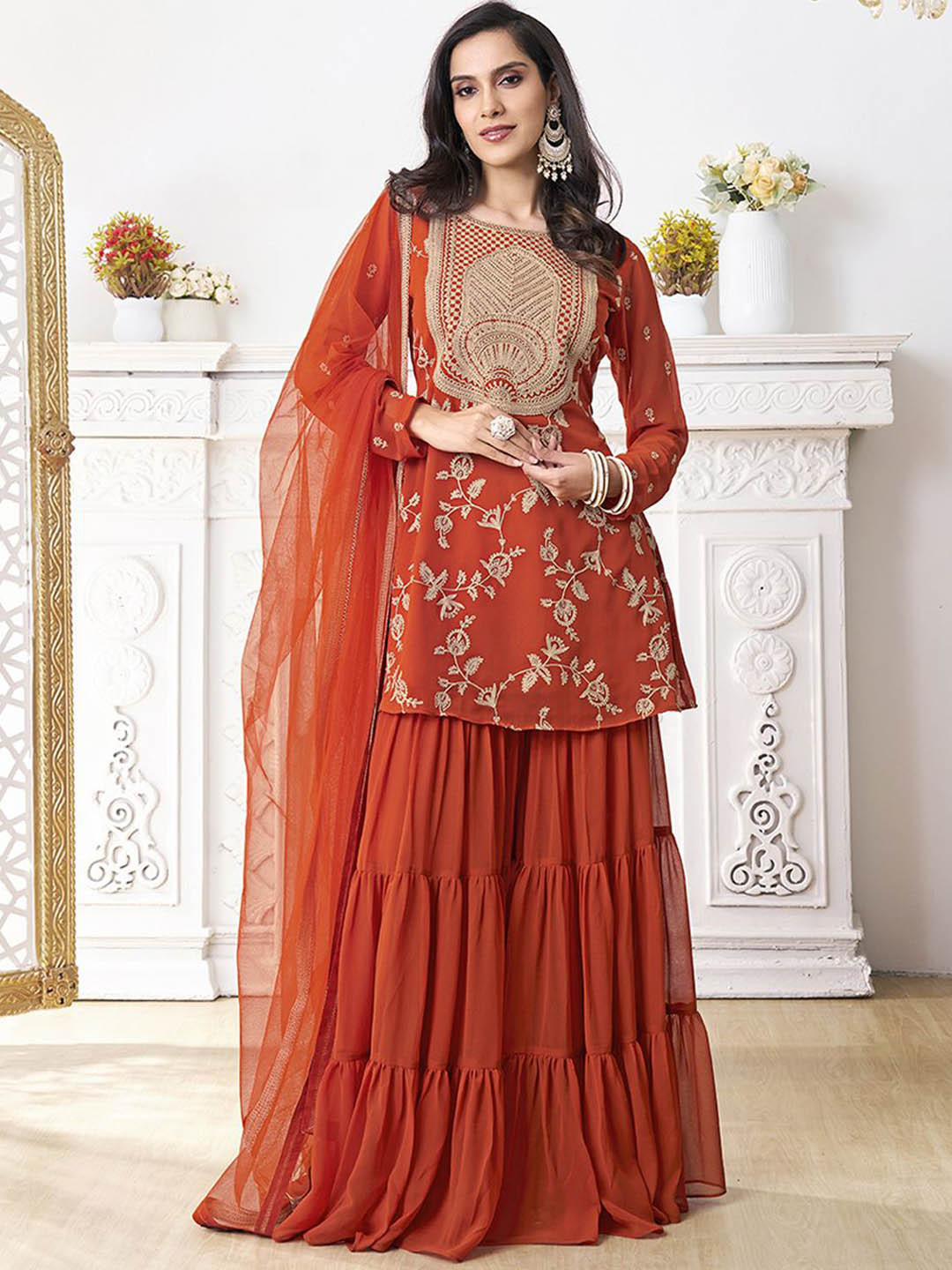 Inddus Floral Embroidered Thread Work Georgette A-Line Kurta With Sharara & Dupatta