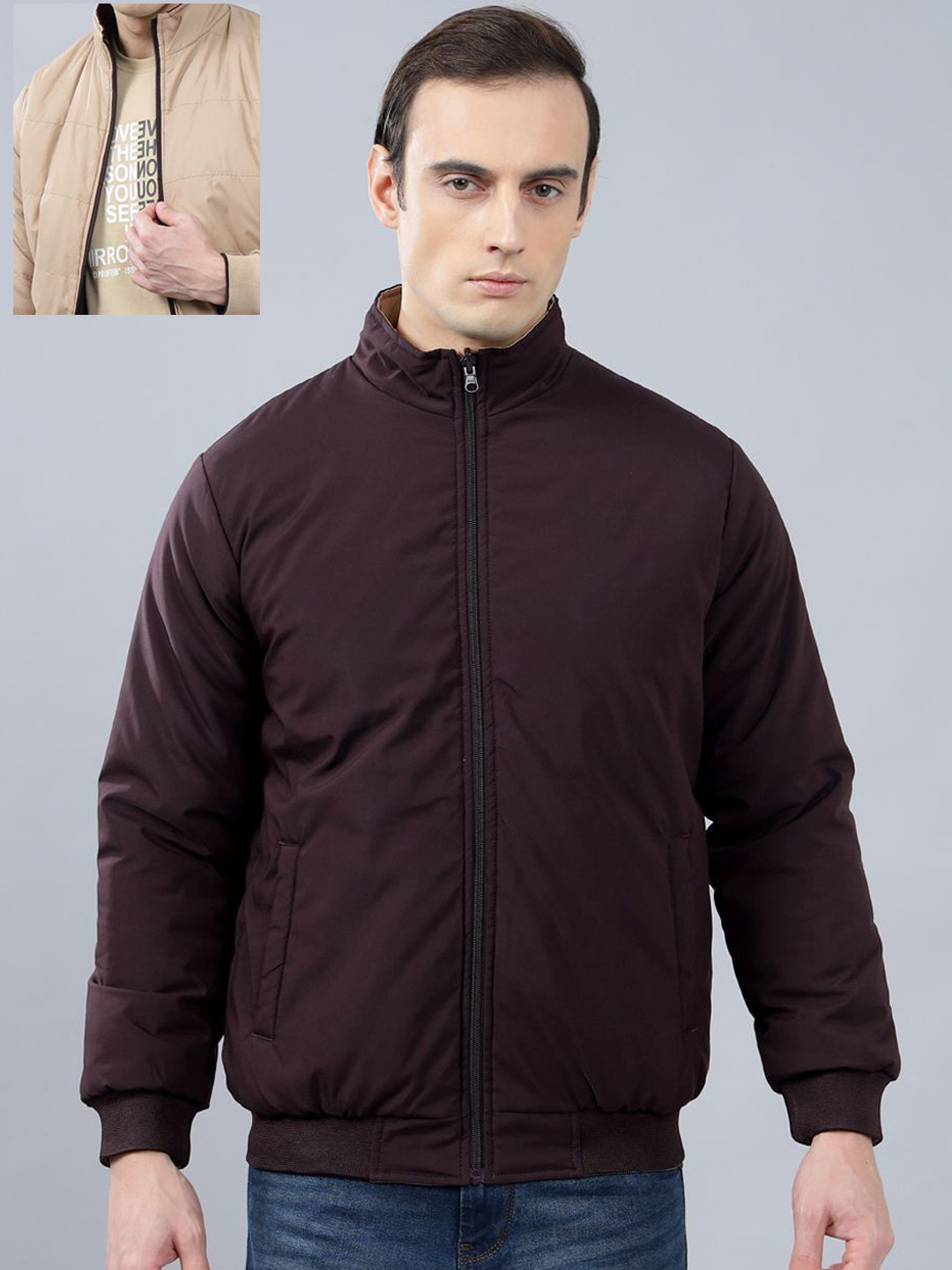 Cantabil Men Cotton Solid Winter Reversible Bomber Jacket