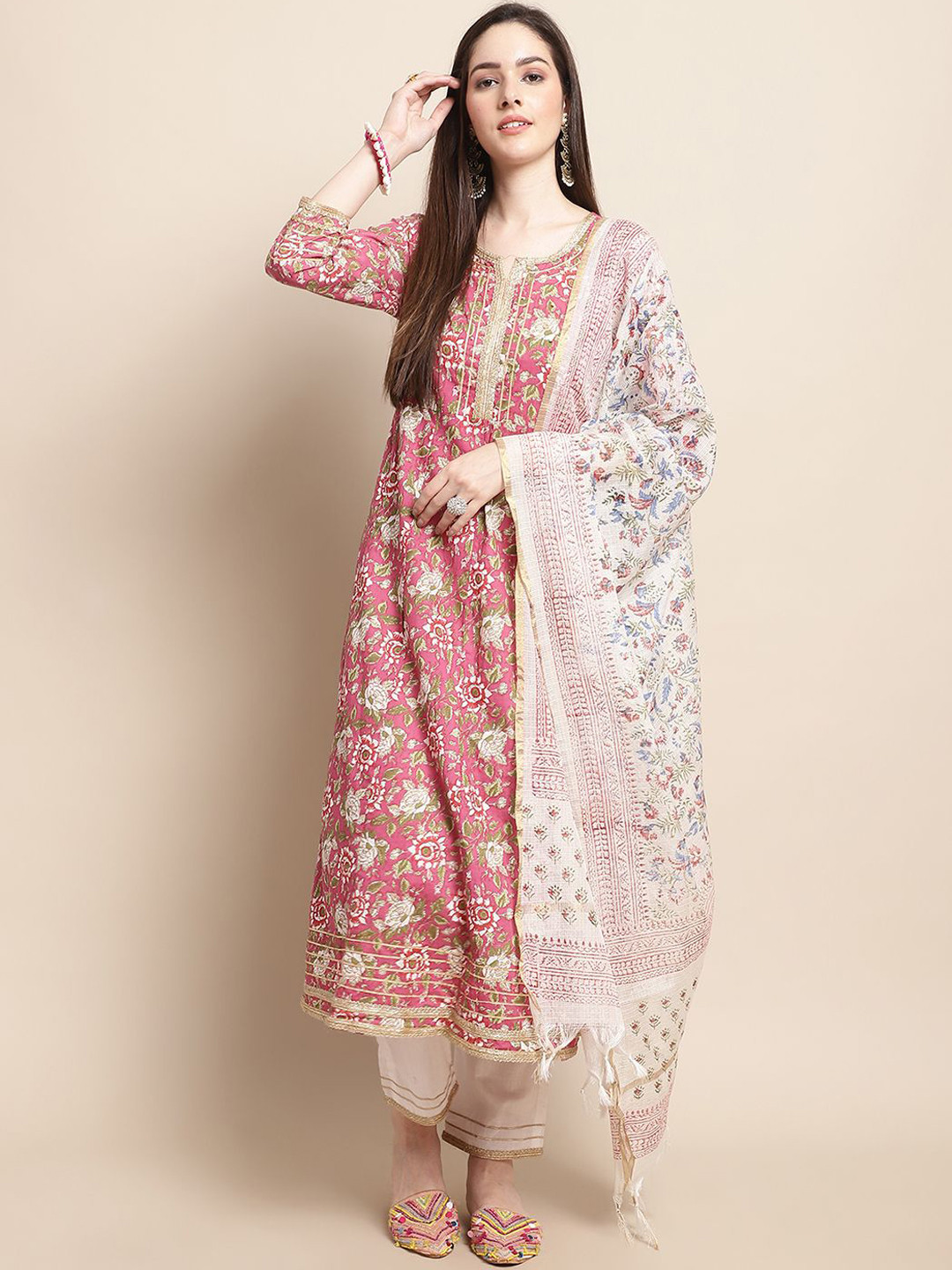 BANDIA Floral Printed Beads and Stones Pure Cotton Anarkali Kurta With Trousers & Dupatta