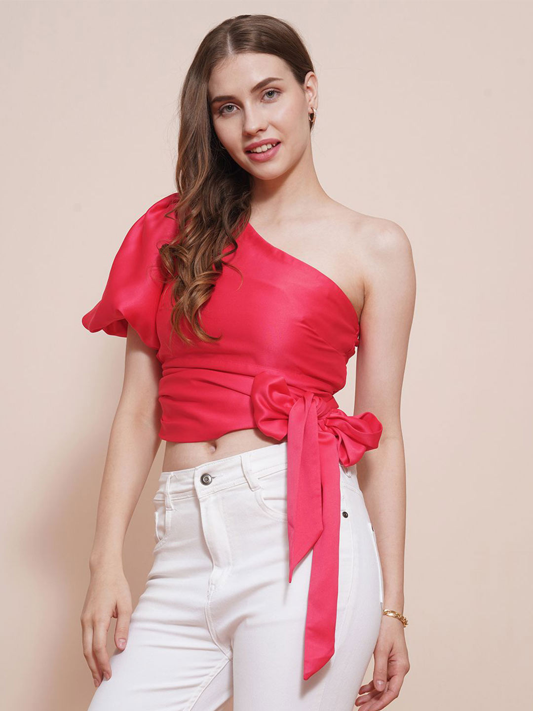 Globus Women Pink One Shoulder Waist Bow Tie-Up Puff Sleeves Stain Party Top