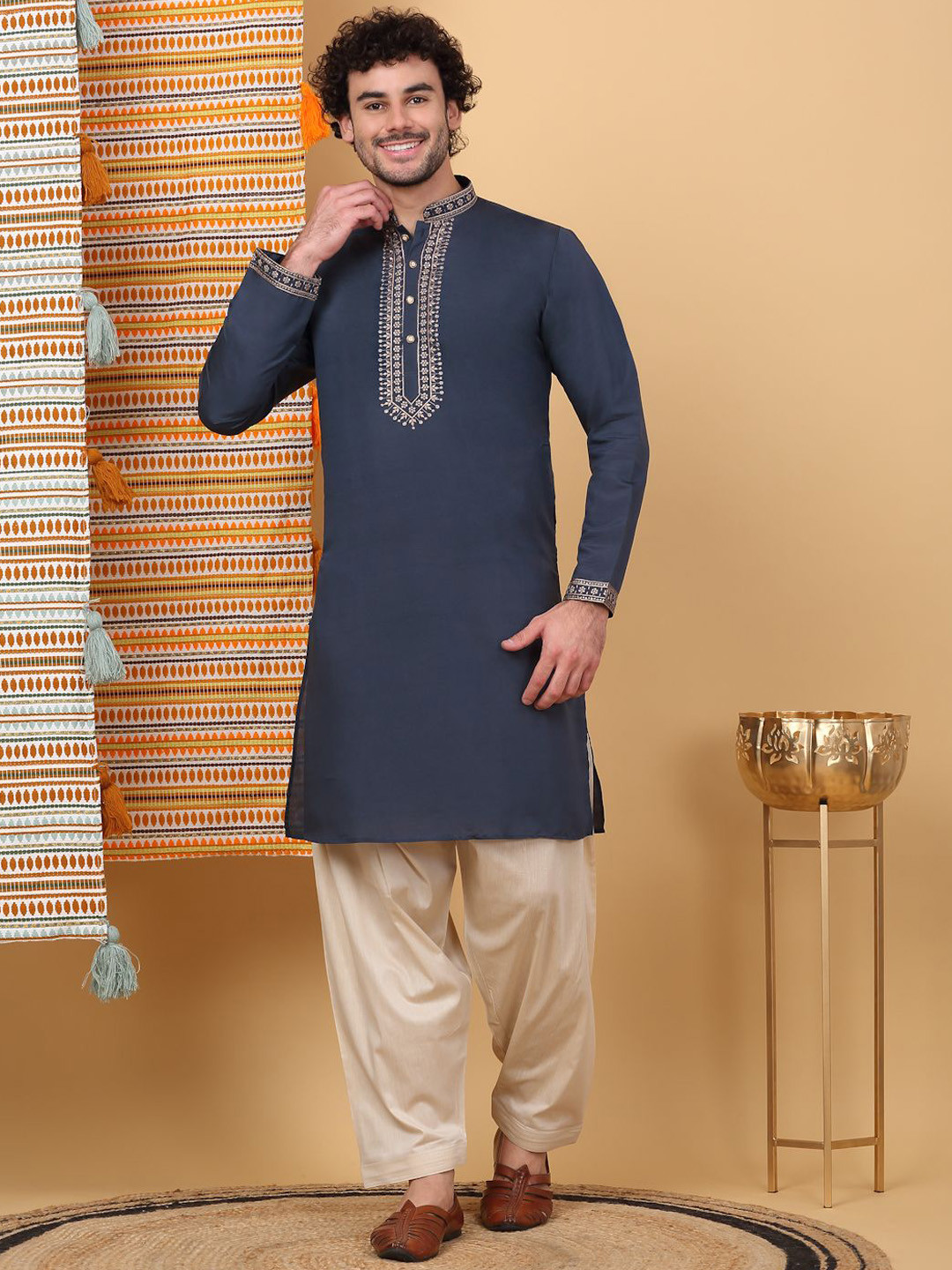 KRAFT INDIA LUXE Floral Embroidered Mandarin Collar Cotton Silk Straight Kurta & Salwar