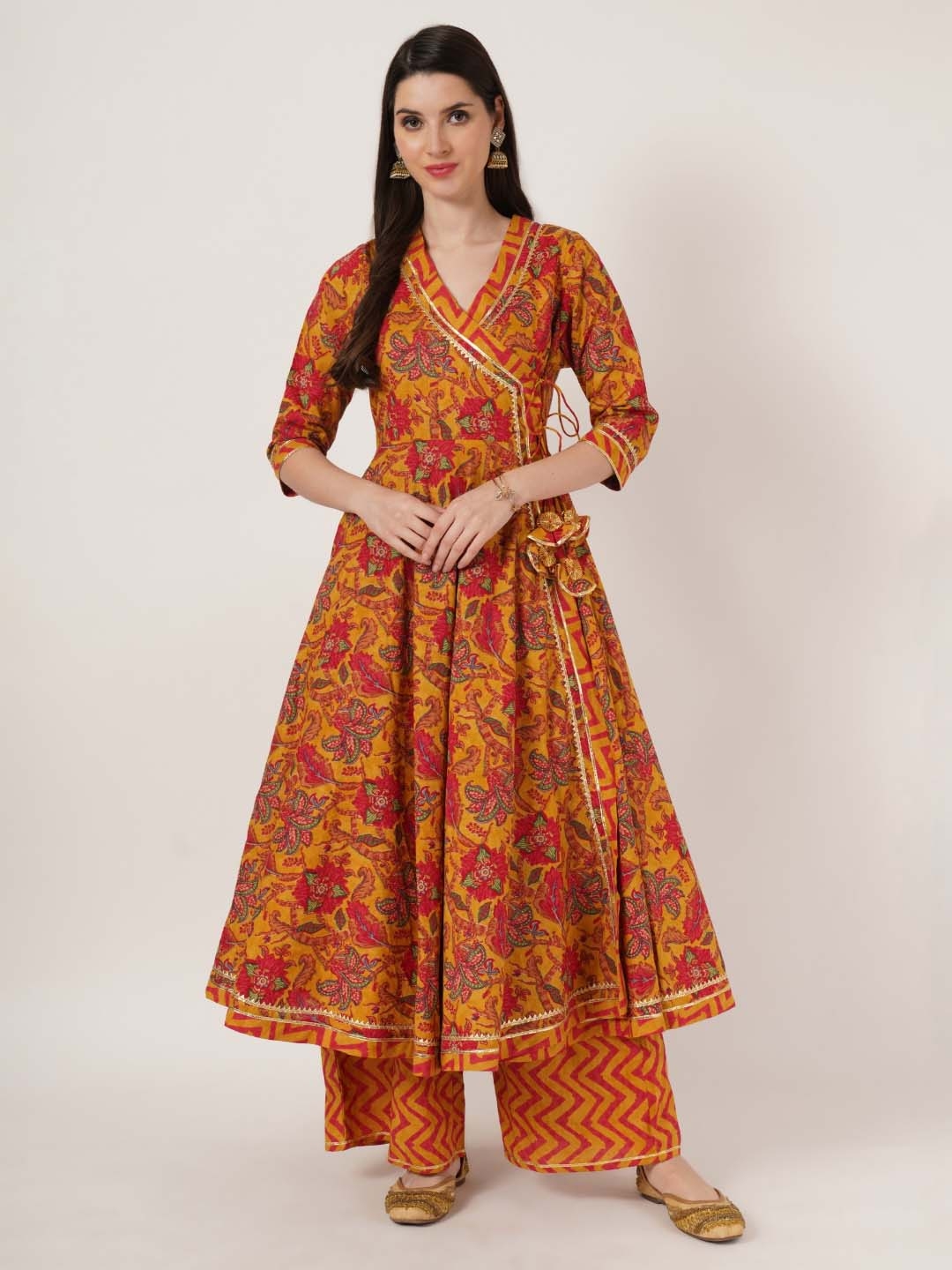 KALINI Orange And Red Floral Printed Angrakha Pure Cotton Anarkali Kurta With Palazzo - Kurta Sets for Women 30891106 | Myntra