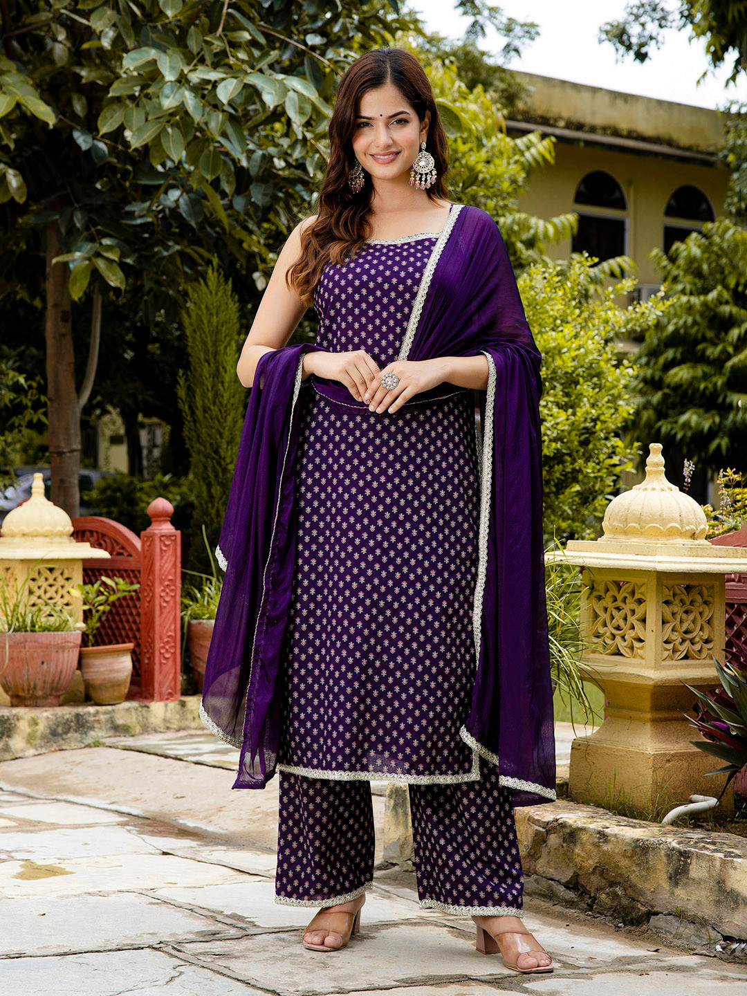 Anouk Rustic Purple Floral Printed Shoulder Straps Cotton Straight Kurta with Palazzos & Dupatta