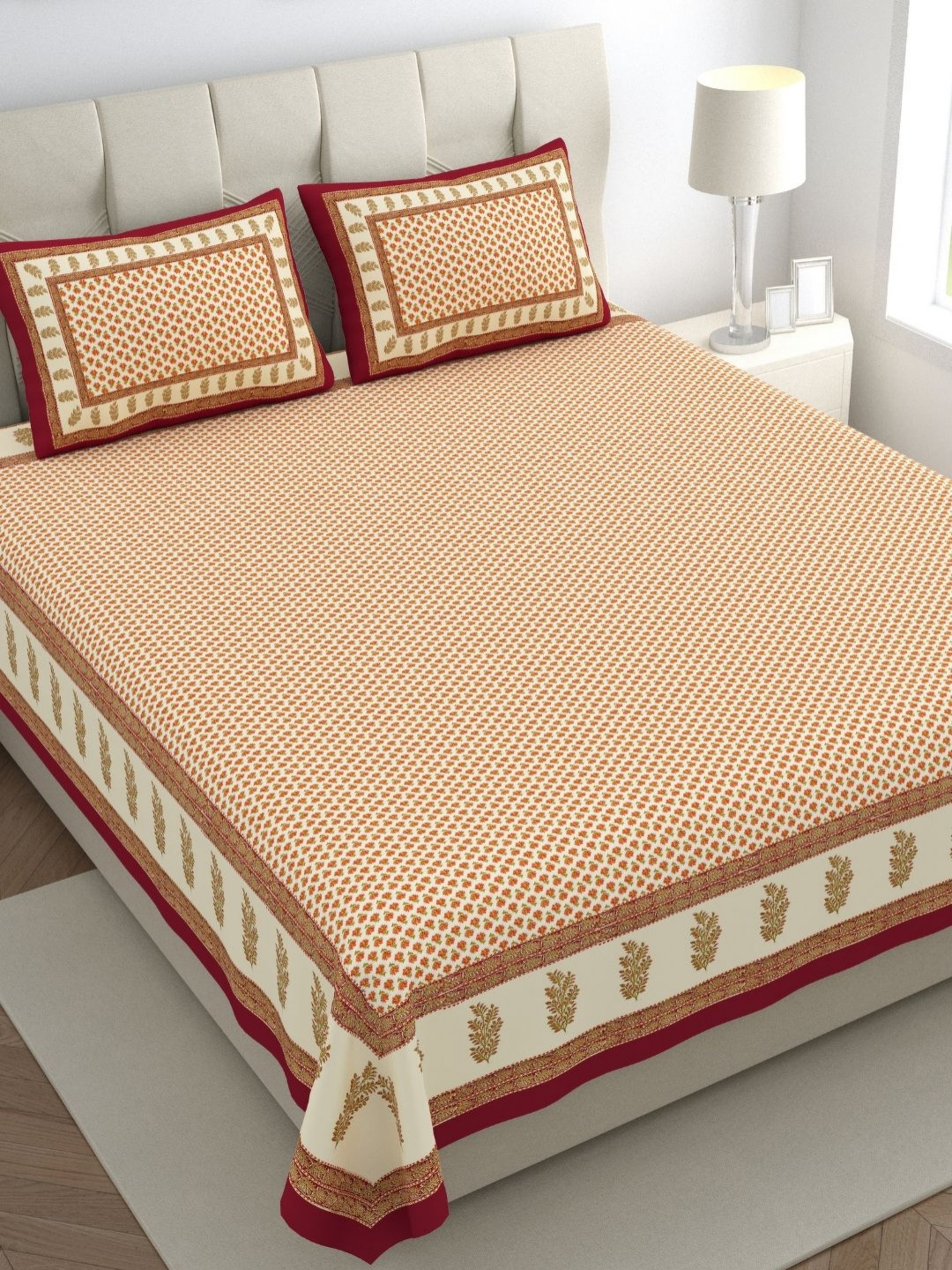 The Craft Monk Maroon Floral Cotton Breathable 300 TC King Superfine Bedsheet with 2 Pillow Covers-115 x 100 inches