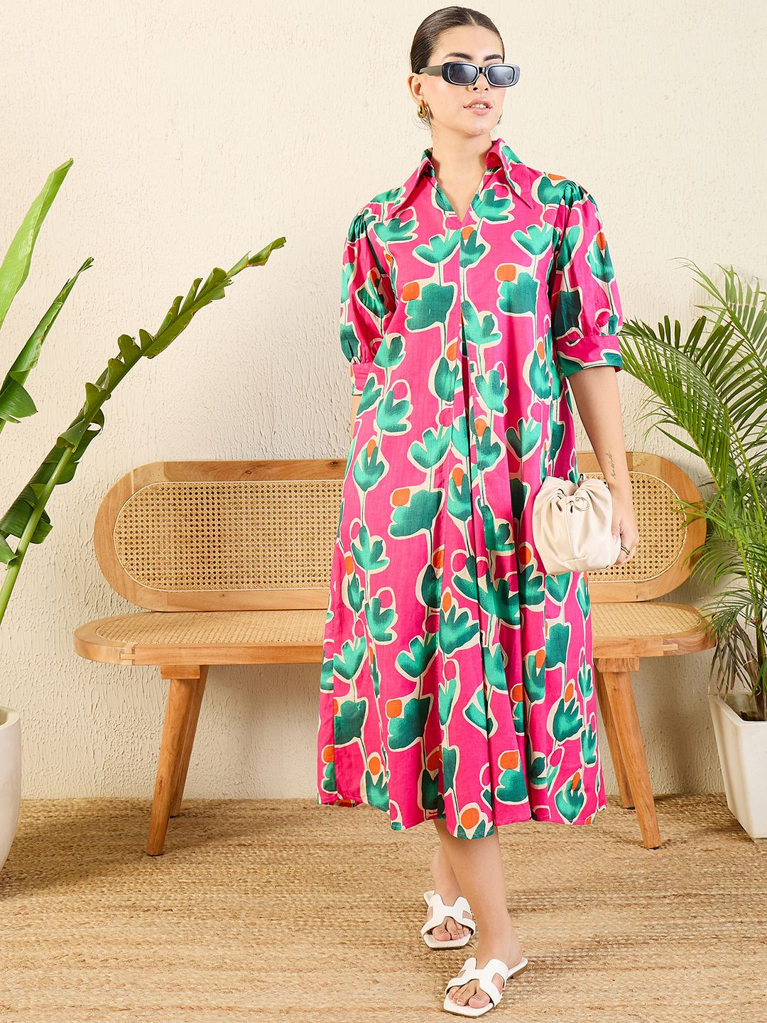 Uptownie Front Pleated Cotton Midi Dress