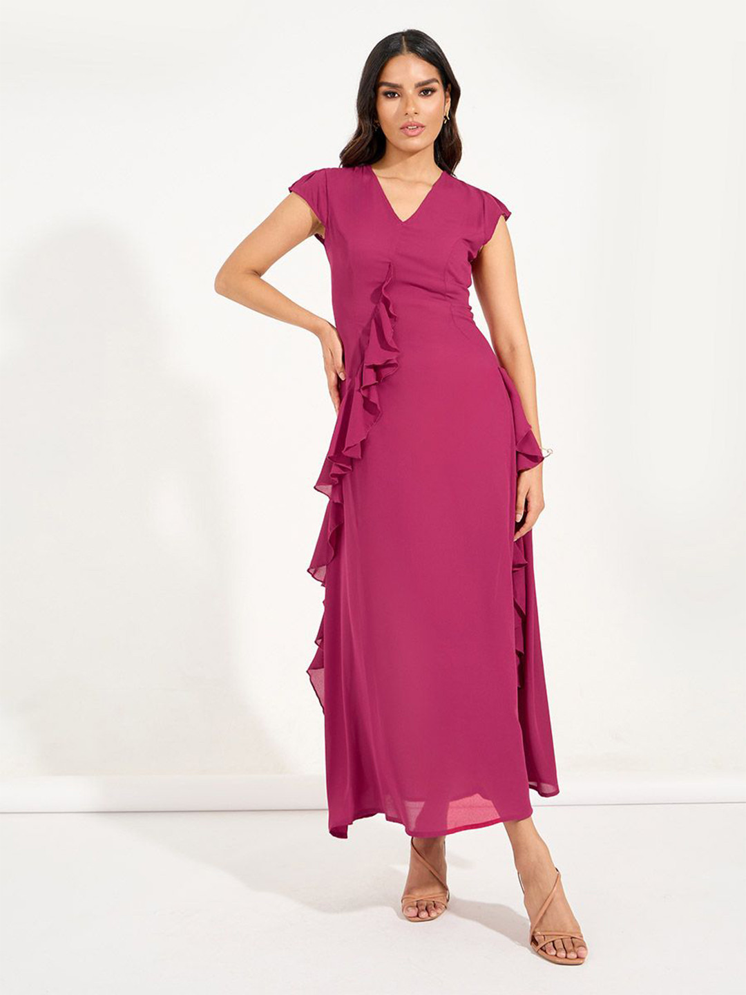 Styli Women Solid Short Sleeve A-Line Maxi Dress With Frill Detail