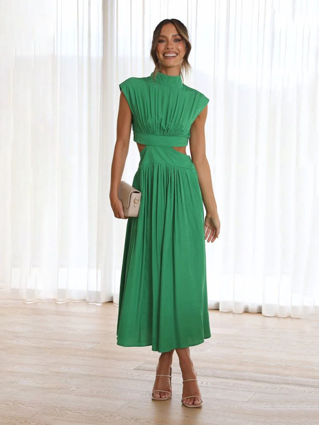 MIAKEE Women Pleated Fit & Flare Midi Dress