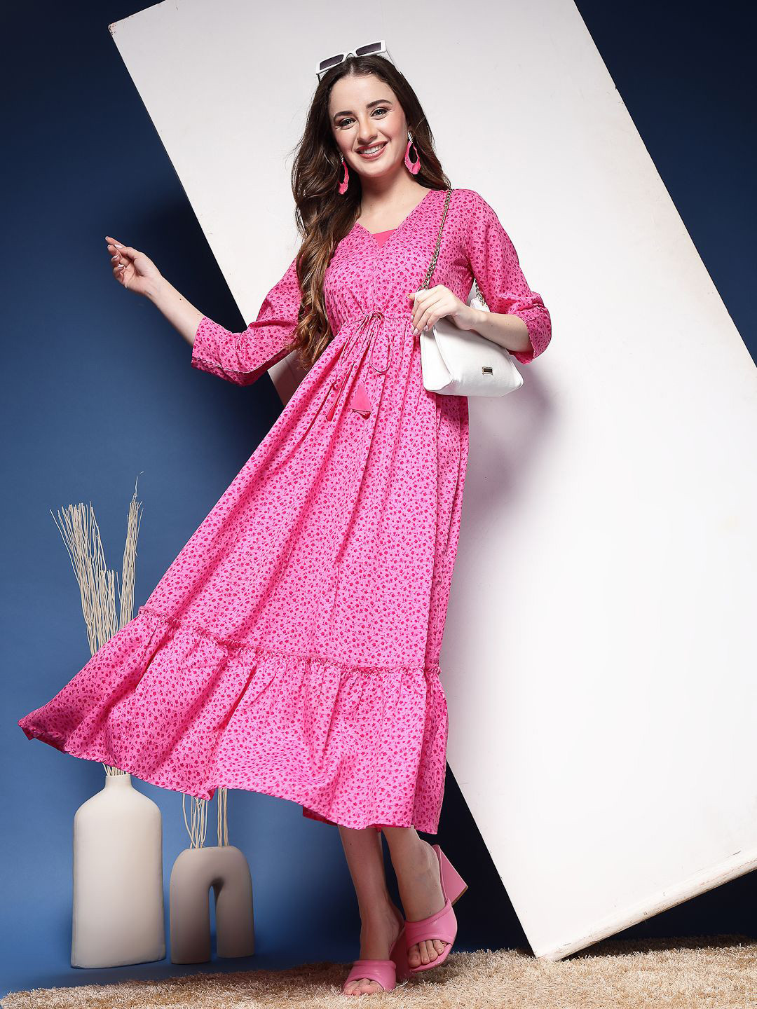 DAEVISH Women's Floral Print regular Sleeve Crepe Maxi Dress