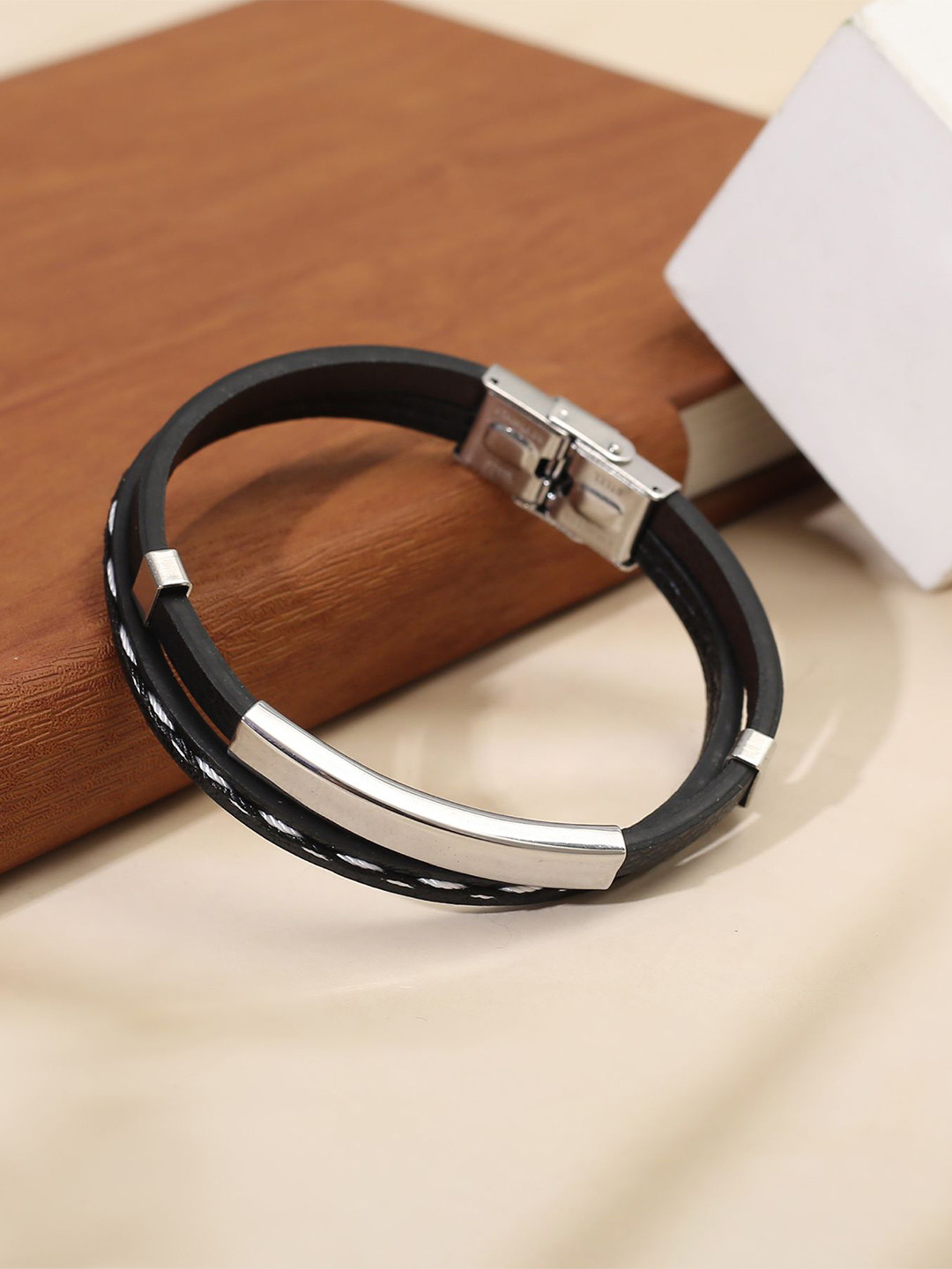 The Roadster Lifestyle Co. Men Black Leather Band Wraparound Bracelet