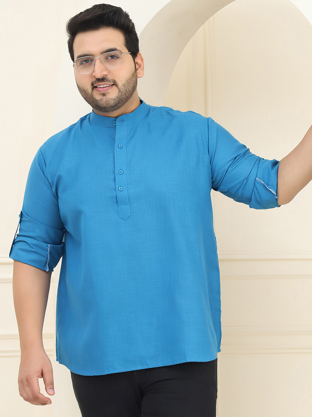 SOJANYA PLUS Size Band Collar Roll-Up Sleeves Cotton Curved Kurta