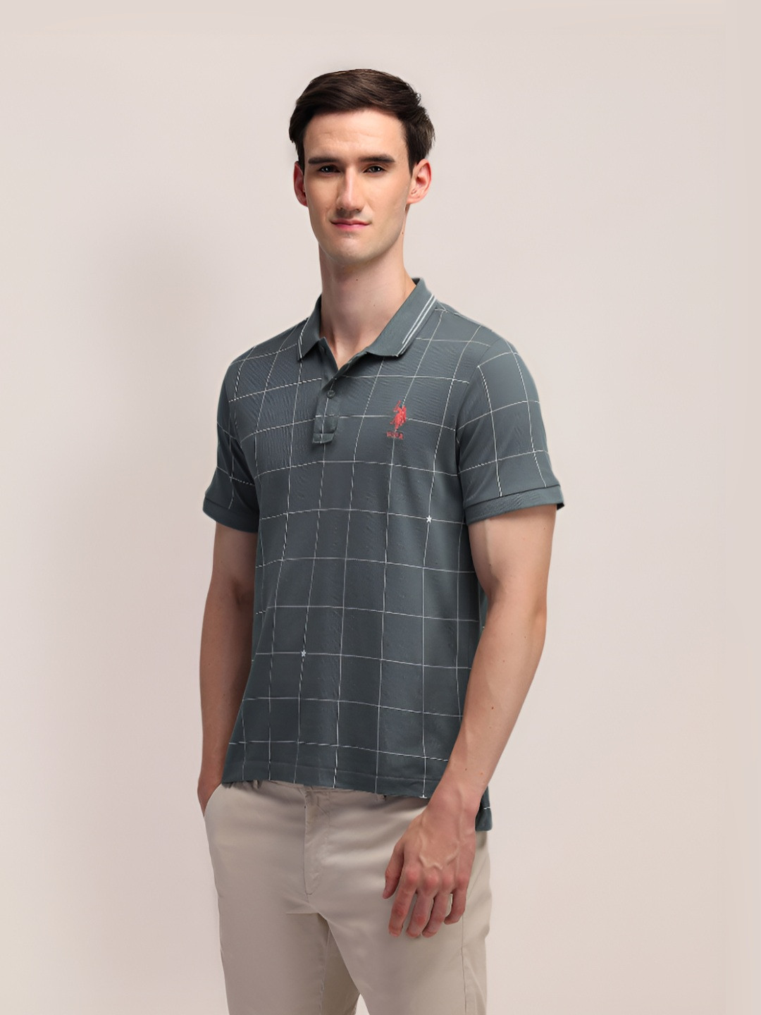 U.S. Polo Assn. Men Brand Logo Checked Polo Collar Slim Fit Pure Cotton T-shirt