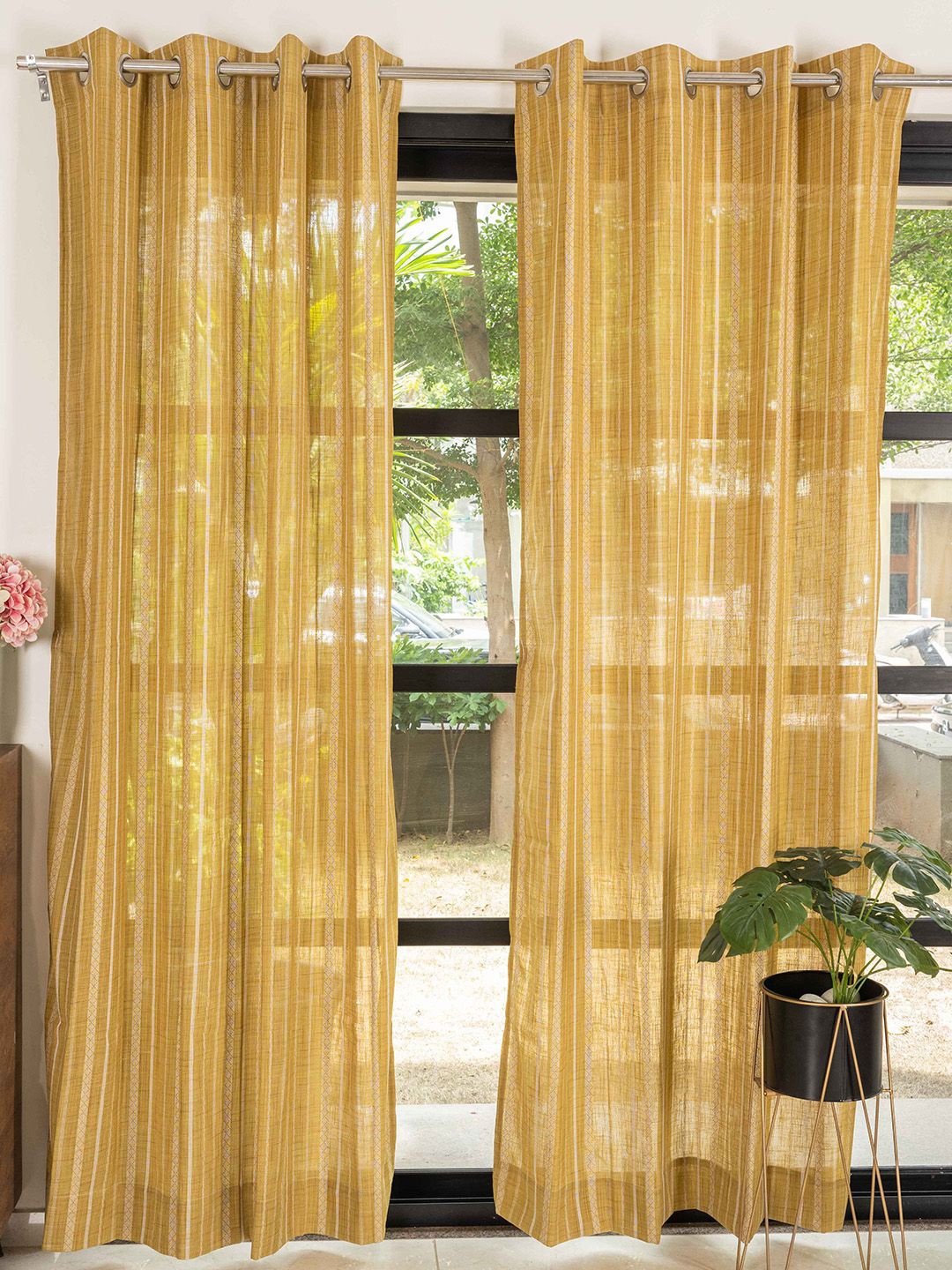 URBAN SPACE Brown 2 Pieces Self Design Sheer Door Curtains
