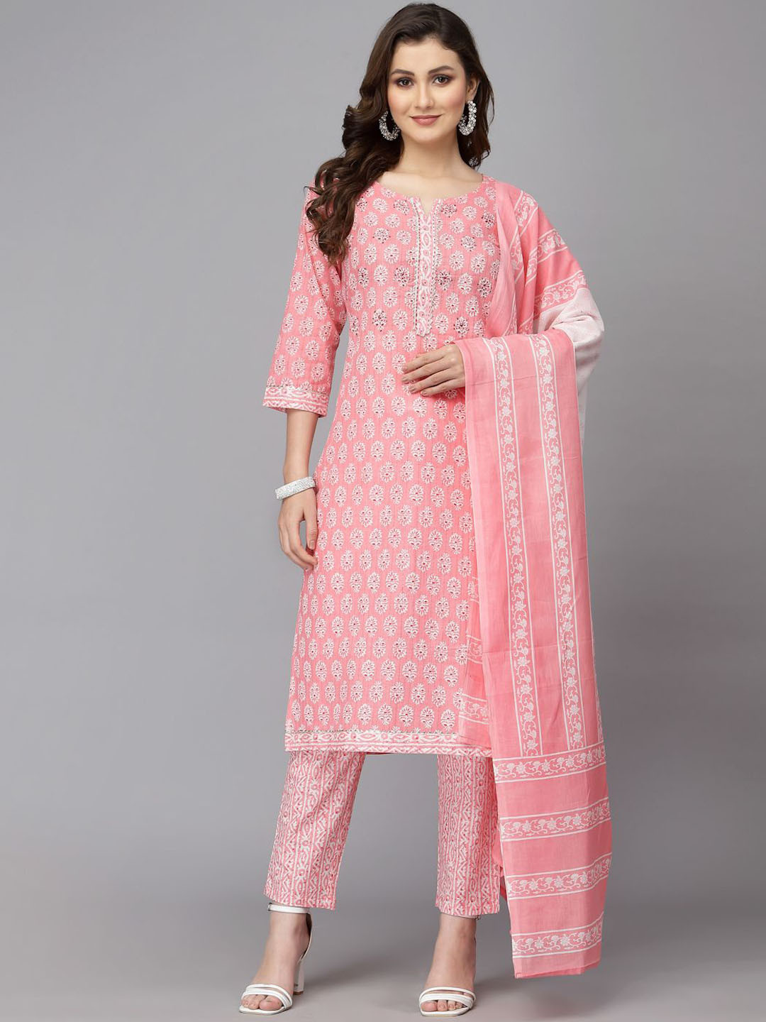 His&Her Floral Printed Beads and Stones Pure Cotton Kurta with Trousers & Dupatta