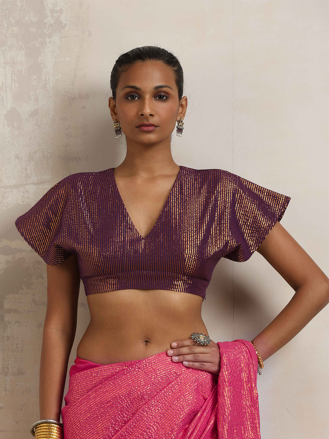 TrueBrowns Purple Gold Metallic Cotton Striped Print Saree Blouse