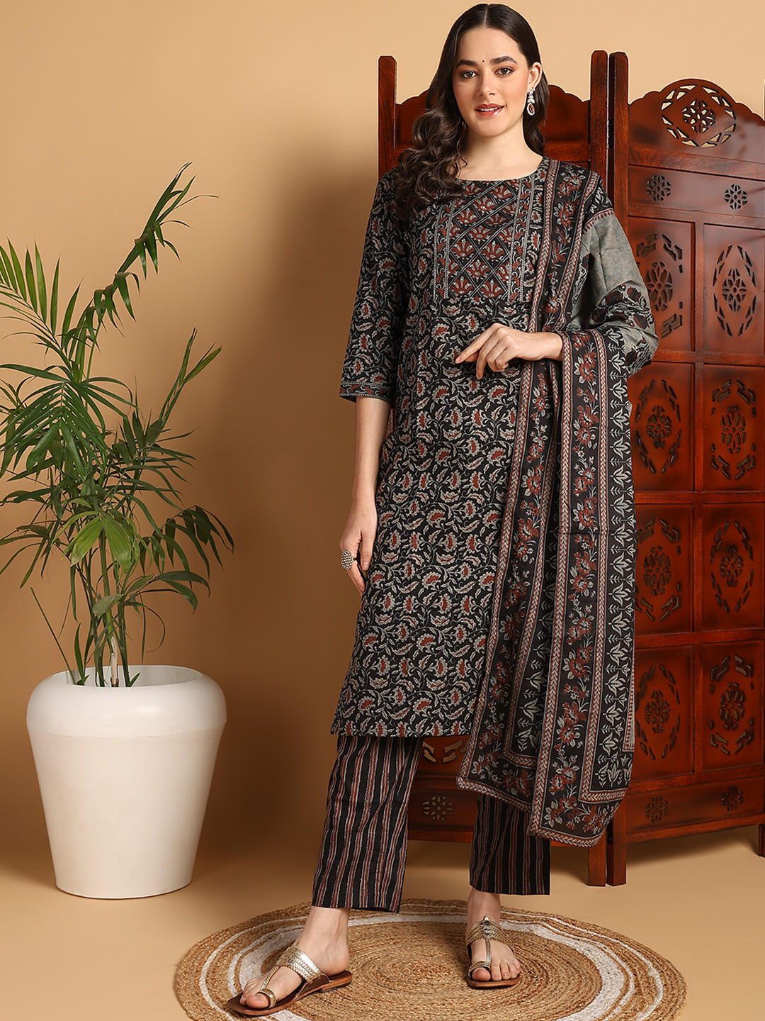 KALINI Black and Maroon Floral Printed Pure Cotton Straight Kurta with Trouser & Dupatta