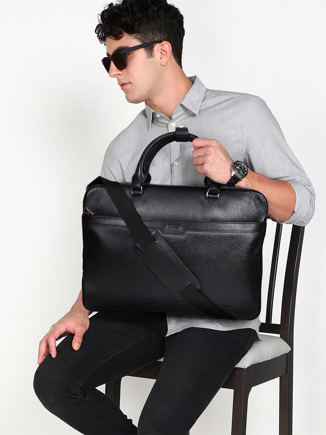 Sassora Men Premium Leather Large Laptop Messenger Bag