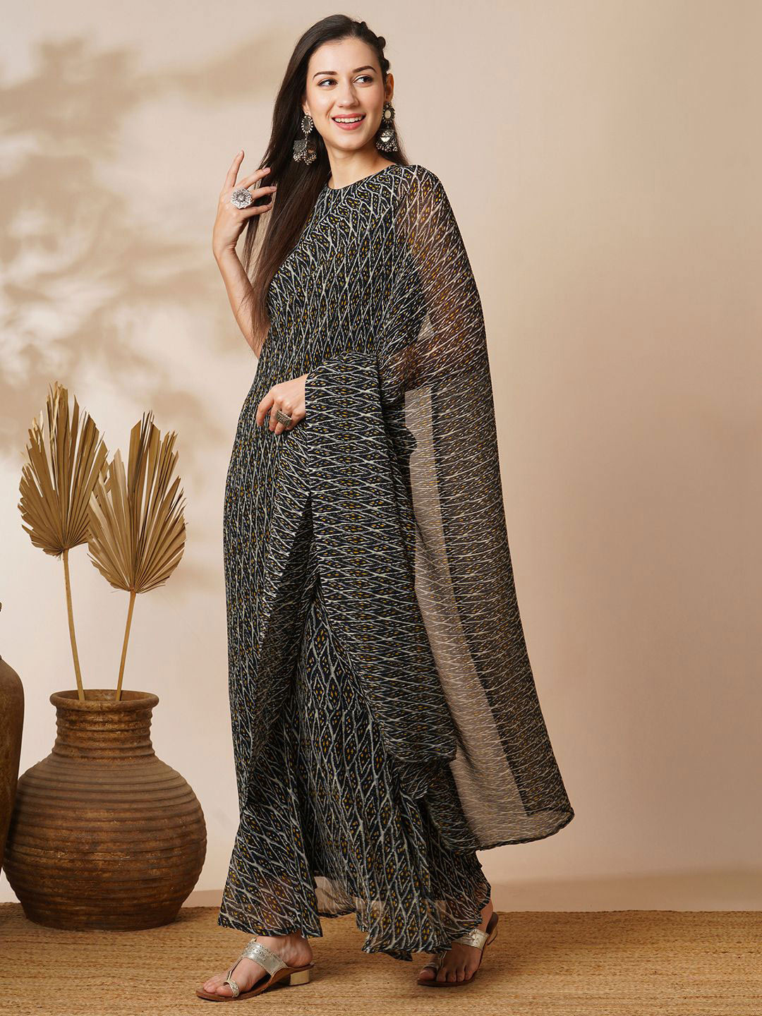 Globus Ikat Print Heat Pleated Georgette Ready To Wear Fusion Gown Saree