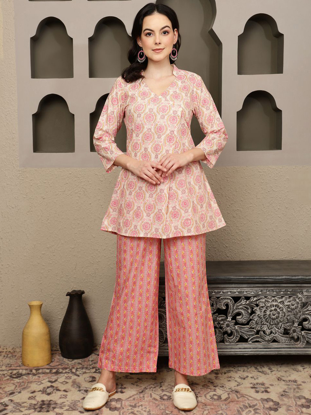 Sangria Peach & Cream Printed Cotton Tunic with Trousers