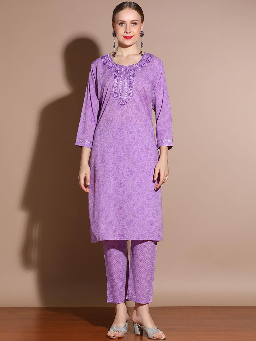 Anouk Purple Floral Printed Mirror Work Pure Cotton Straight Kurta With Trouser