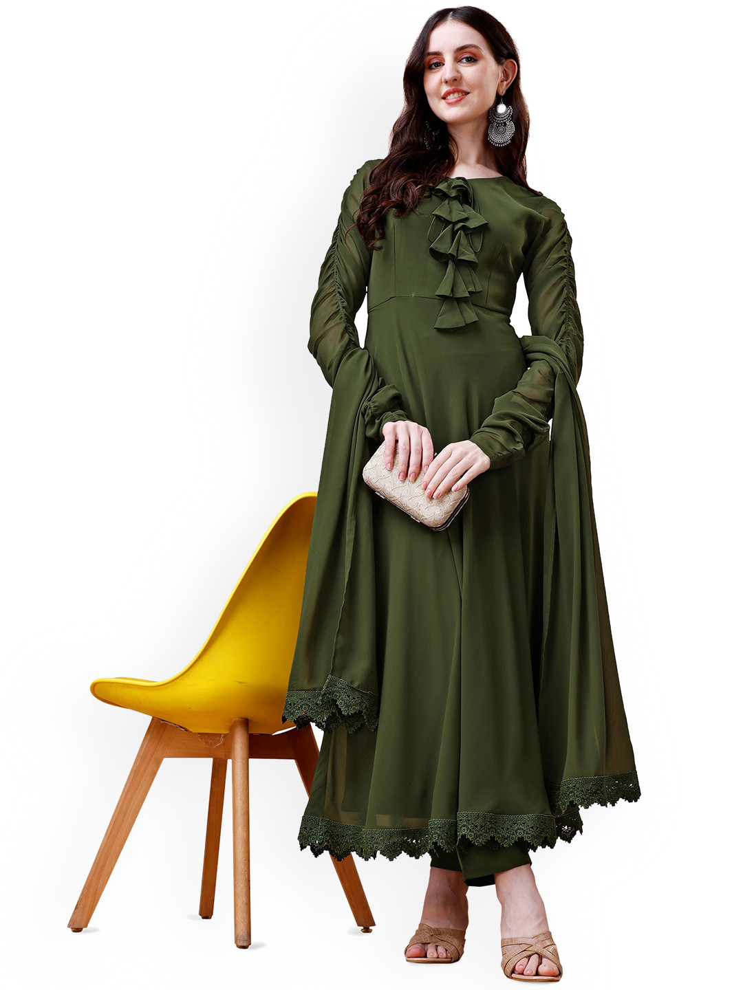 FAB GALAXY Tie-Up Neck Georgette Anarkali Kurta With Trouser & Dupatta